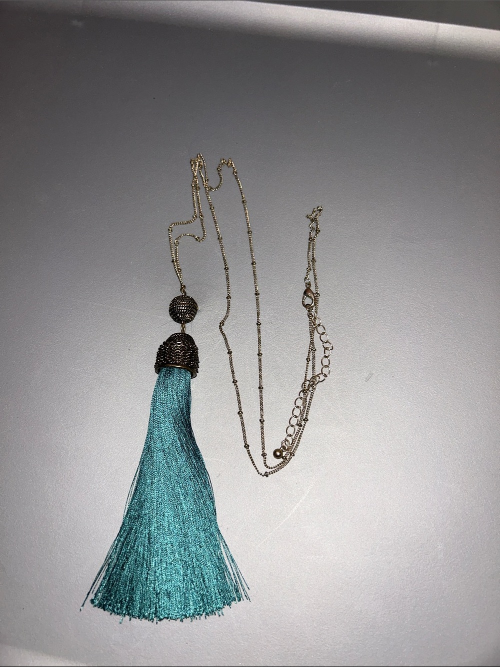 Antique Gold Tone Ball/Bead Chain Necklace 5” Green Tassel 32-34”